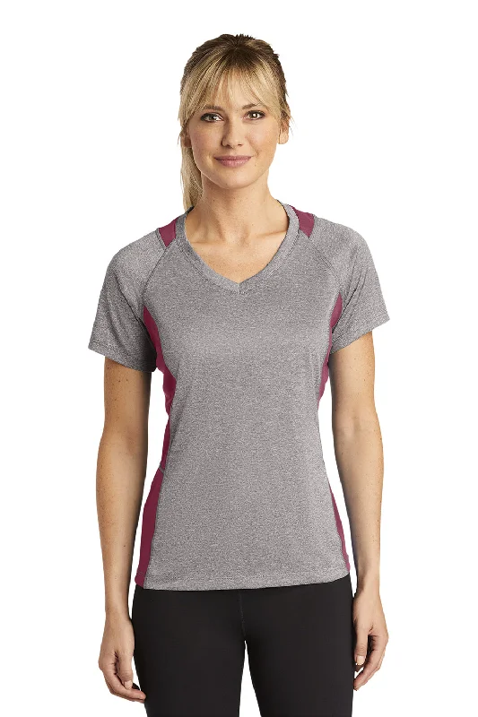 muscle cut t-shirts -Sport-Tek Womens Contender Heather Moisture Wicking Short Sleeve V-Neck T-Shirt - Heather Vintage Grey/Maroon