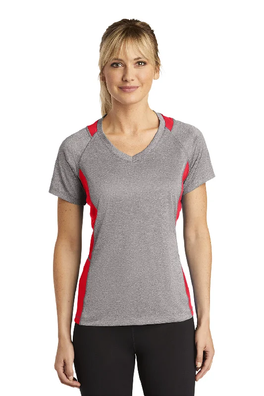 pleat detail t-shirts -Sport-Tek Womens Contender Heather Moisture Wicking Short Sleeve V-Neck T-Shirt - Heather Vintage Grey/True Red