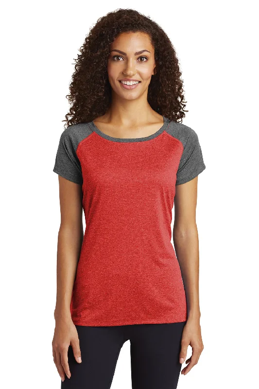 hood accent t-shirts -Sport-Tek Womens Contender Heather Moisture Wicking Short Sleeve Wide Neck T-Shirt - Heather Scarlet Red/Heather Graphite Grey - Closeout