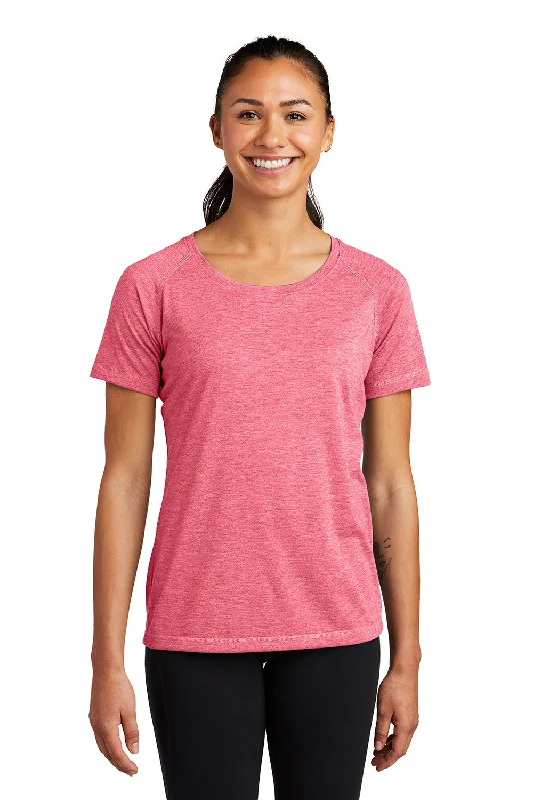 slashed detail t-shirts -Sport-Tek Womens Moisture Wicking Short Sleeve Scoop Neck T-Shirt - Heather Raspberry Pink