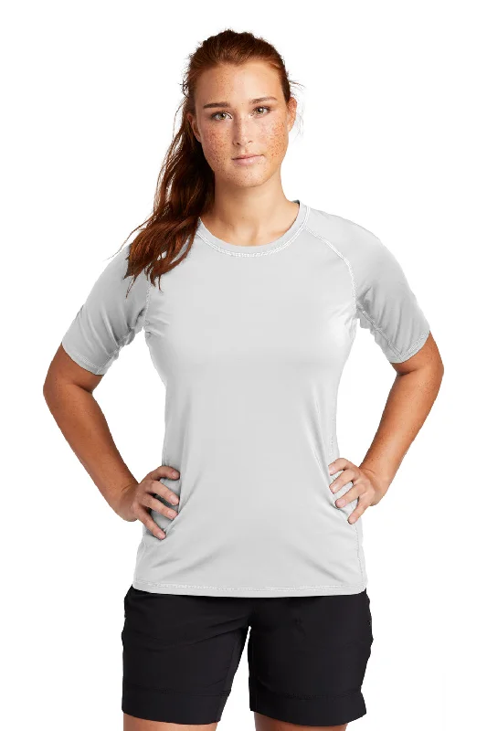 performance dry t-shirts -Sport-Tek Womens Rashguard Moisture Wicking Short Sleeve Crewneck T-Shirt - White