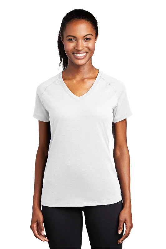 bold festival t-shirts -Sport-Tek Womens Ultimate Performance Moisture Wicking Short Sleeve V-Neck T-Shirt - White