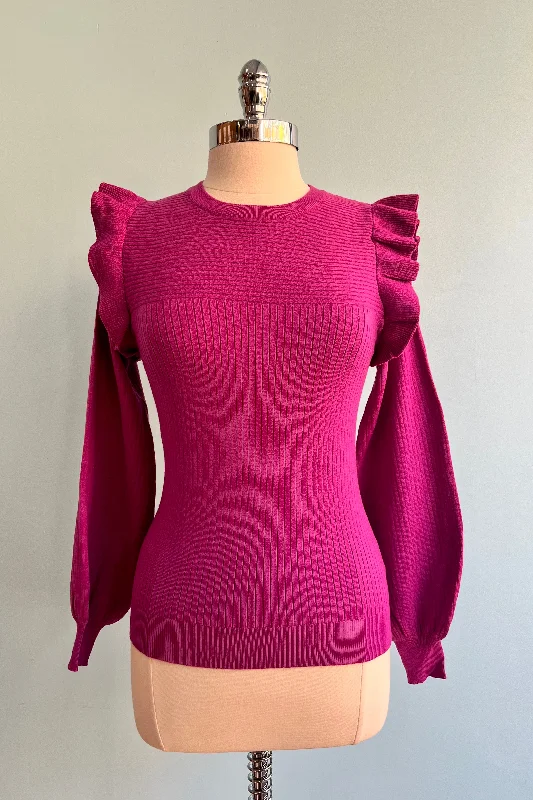 Satin pullover sweater glossy tan -Berry Shoulder Ruffle Crewneck Sweater