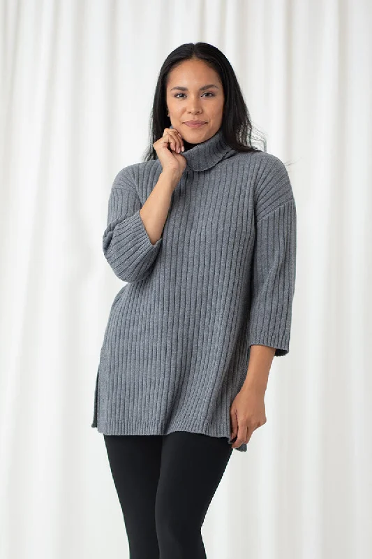 Hooded wool pullover sweater navy -Boxy Rib Sweater Tunic | Melange Light Grey