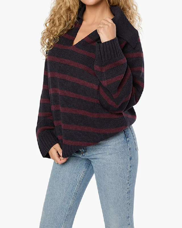 Plaid knit pullover sweater blue -Collar V Neck Sweater