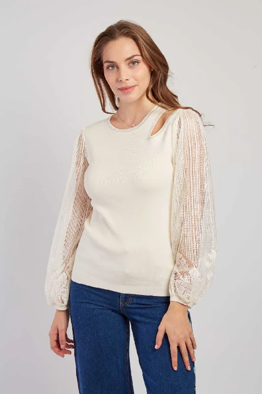 Long wool pullover sweater purple -Caracas Cutout Pullover- Cream