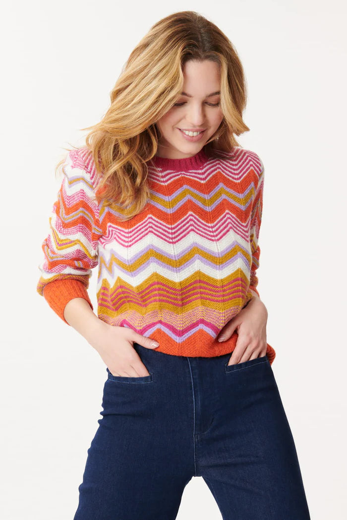 Cable knit cotton pullover sweater white -Jenifer  Zig-Zag Sweater- Orange