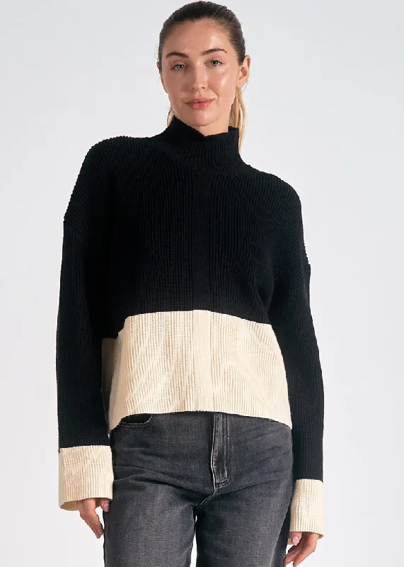 Oversized knit pullover sweater navy -Elan Vivian Mockneck Sweater- Black/ White