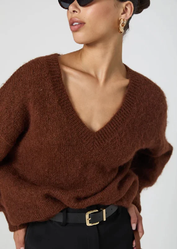 Long wool pullover sweater mustard -French Connection Fluffy Knit Jumper- Chocolate