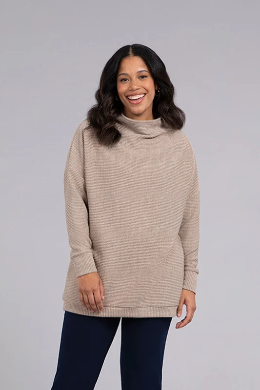 Velvet pullover sweater soft grey -Funnel Neck Rib Sweater Tunic | Camel