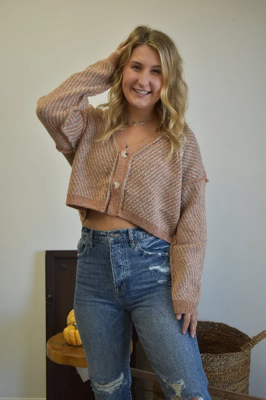 Sheer knit pullover sweater white -Heather Rust Cropped Button Down Sweater