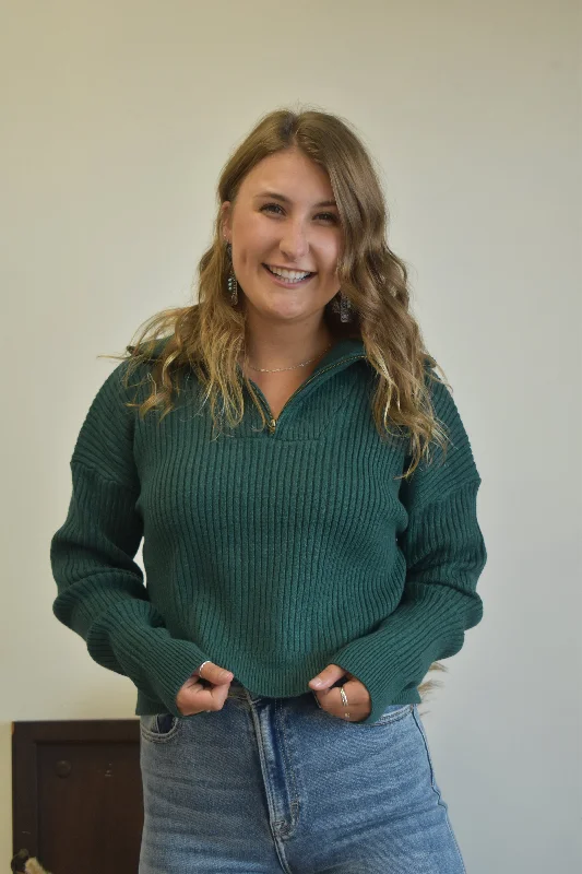 Cropped knit pullover sweater tan -Hunter Green Quarter Zip Sweater