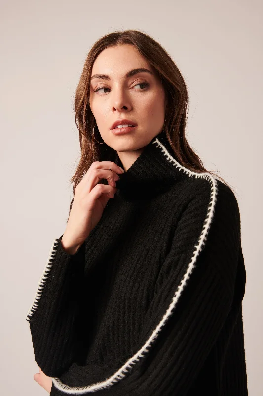 Pinstripe pullover sweater formal grey -TRINITY BLANKET STITCH RIBBED TURTLENECK SWEATER