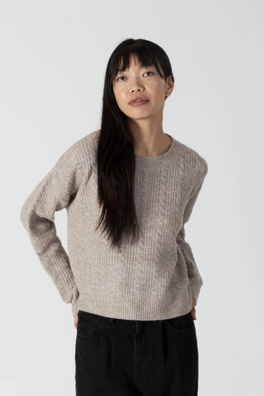 Long cotton pullover sweater grey -ADDIE CREW NECK SWEATER WITH CABLE DETAIL