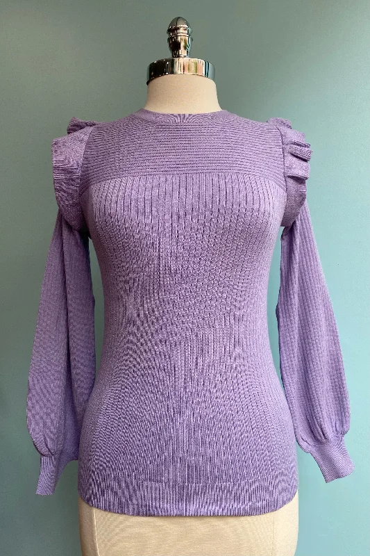 Fringe knit pullover sweater blue -Lavender Shoulder Ruffle Crewneck Sweater