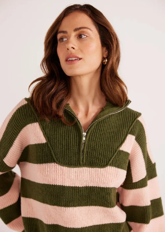 Metallic cotton pullover sweater bronze -MINKPINK Darcy 1/4 Zip Knit Jumper- Khaki Stripe