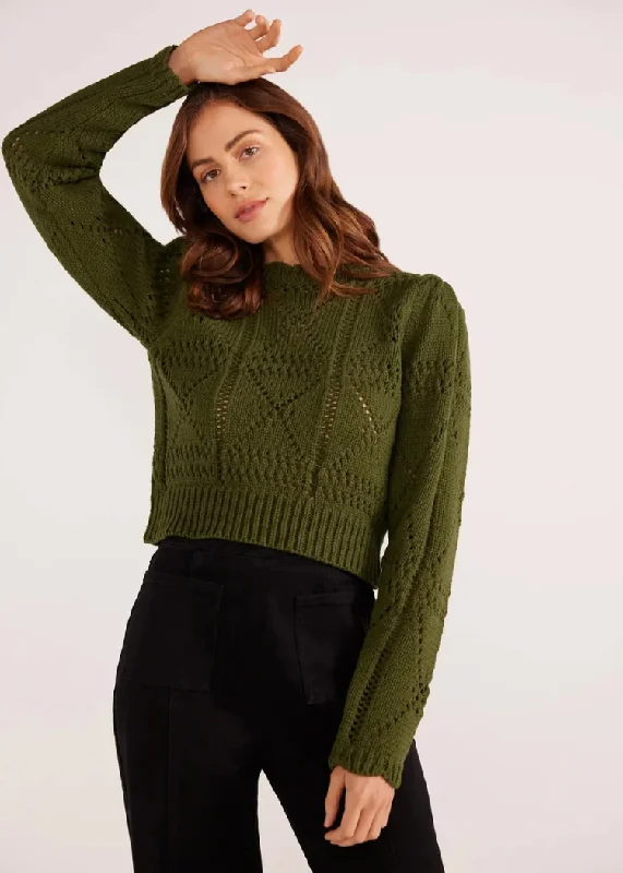 Embroidered cotton pullover sweater green -MINKPINK Sally Pointelle Knit Jumper- Forrest Green