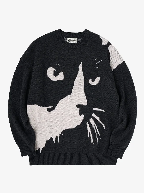 Embroidered pullover sweater floral navy -Night Cats Jacquard Woven Wool Knitted Sweater