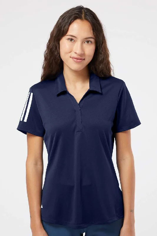 glam vibe blouses -Adidas Womens Floating 3 UPF 50+ Stripes Short Sleeve Polo Shirt - Team Navy Blue/White