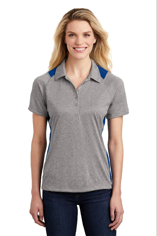 cool tech shirts -Sport-Tek Womens Heather Contender Moisture Wicking Short Sleeve Polo Shirt - Heather Vintage Grey/True Royal Blue