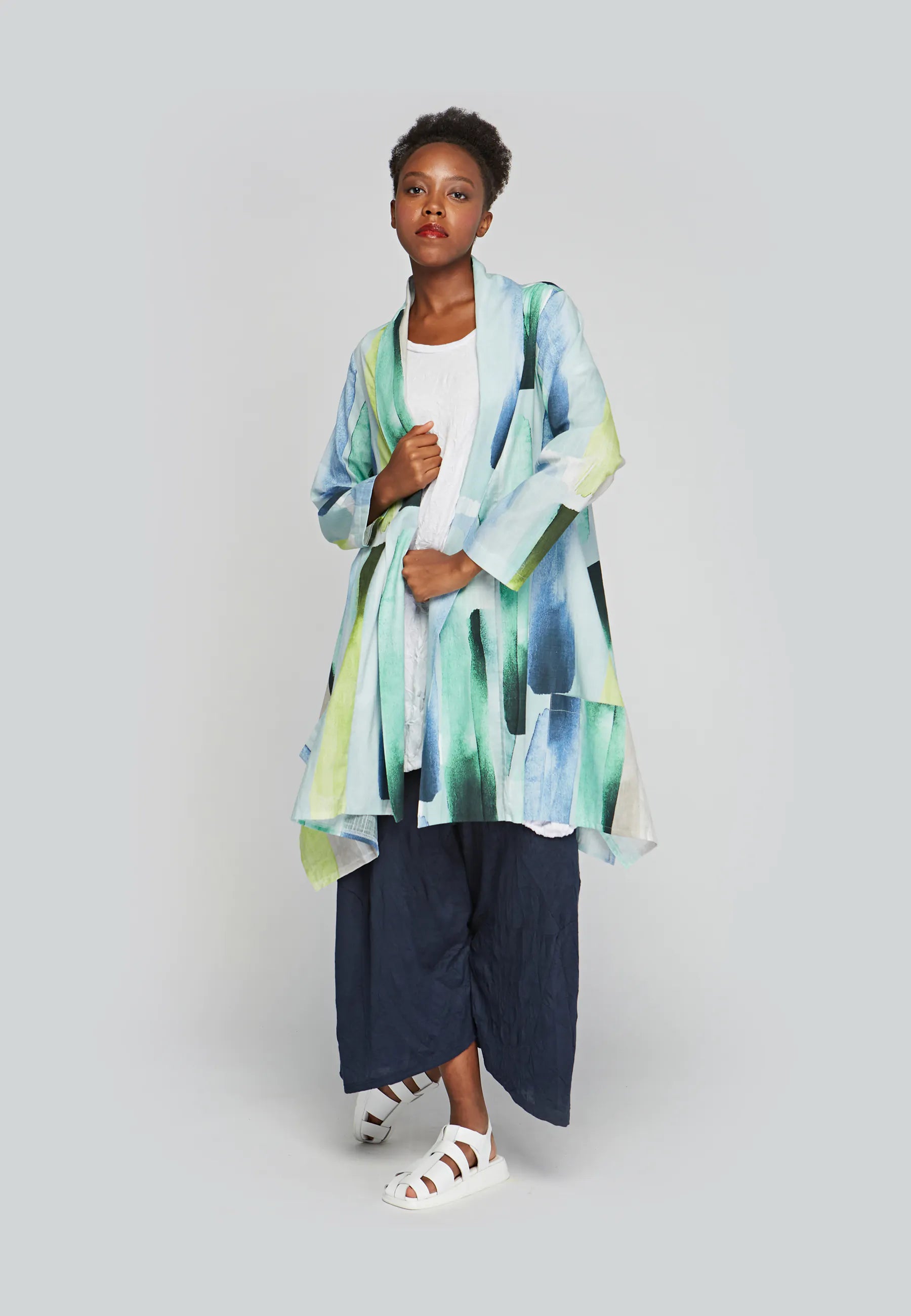 Mohair open cardigan white -VERDA Printed, thin cotton duster