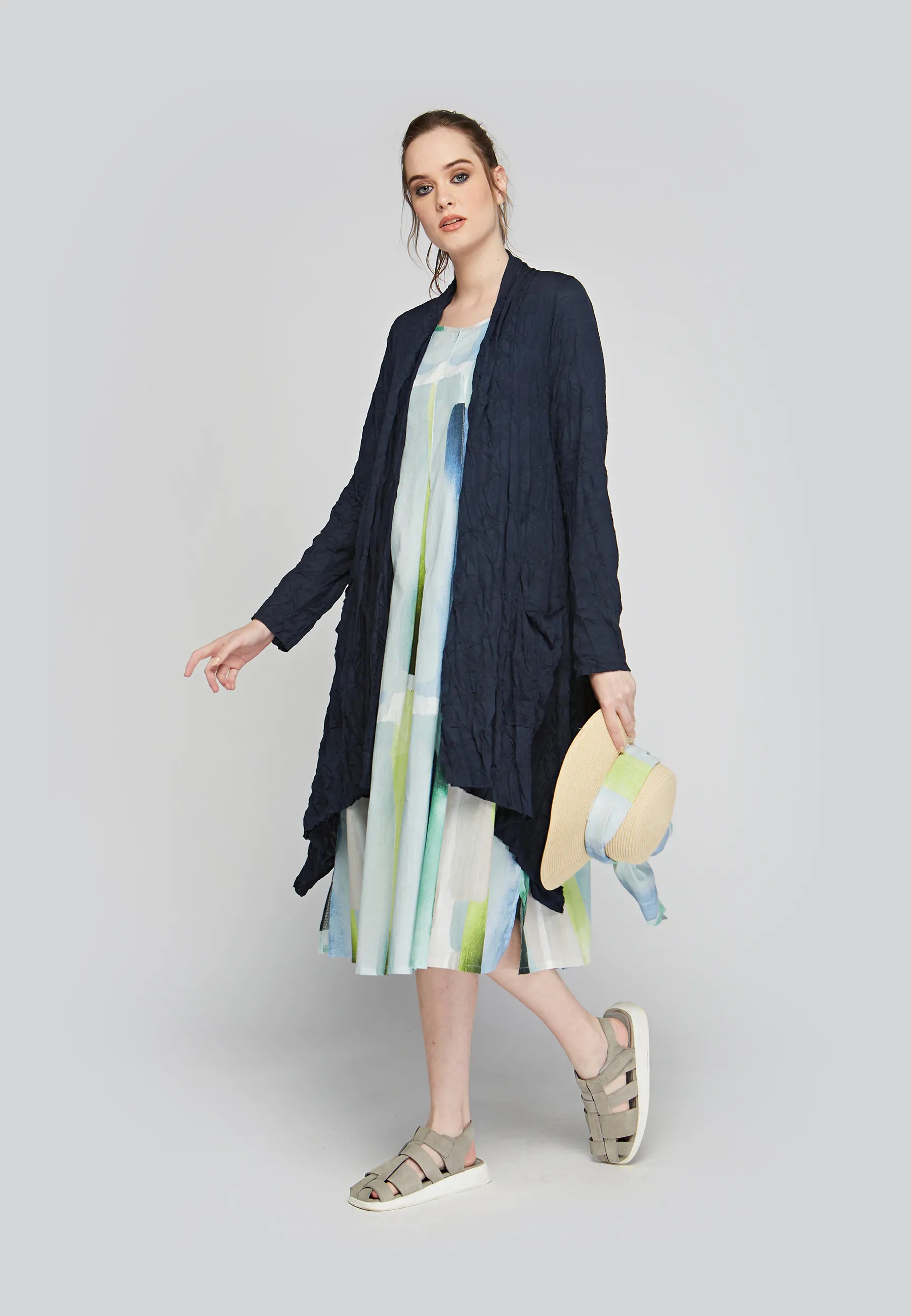 Cable knit wool cardigan blue -GLIMMER Wrinkled viscose jersey duster