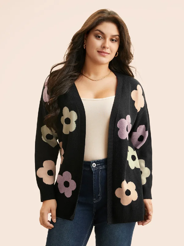 Cropped knit cardigan blue -Contrast Floral Drop Shoulder Cardigan