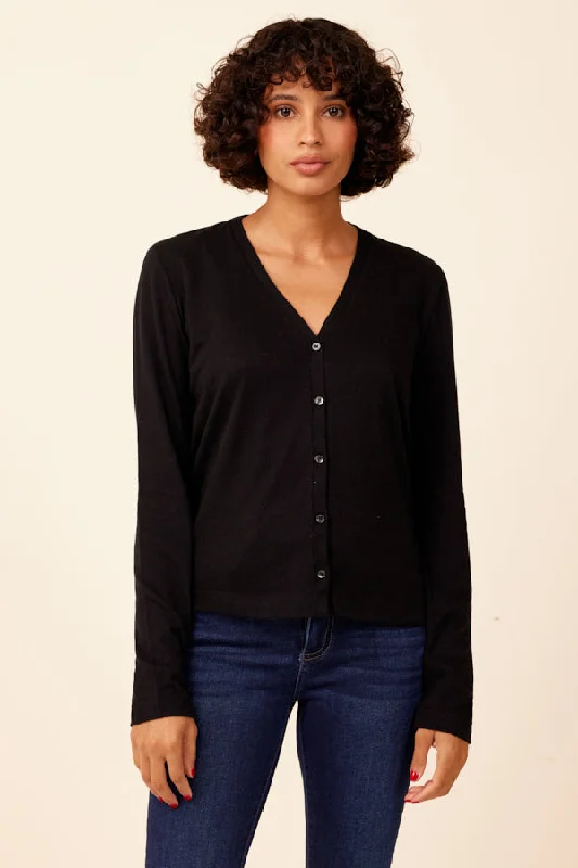 Textured knit cardigan black -Cotton Cashmere Long Sleeve V-Neck Cardigan in Noir