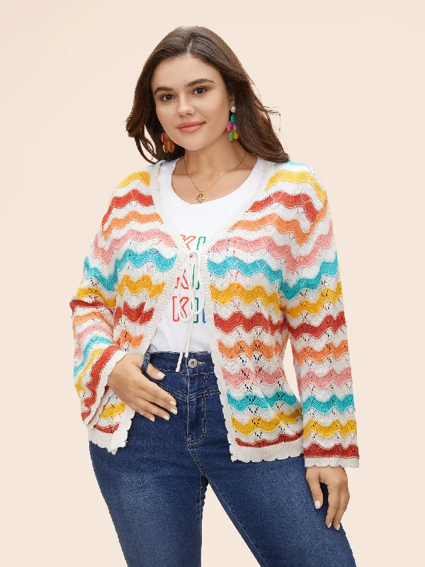 Neon coral cardigan bold -Cotton Rainbow Perforated Front Tie Cardigan