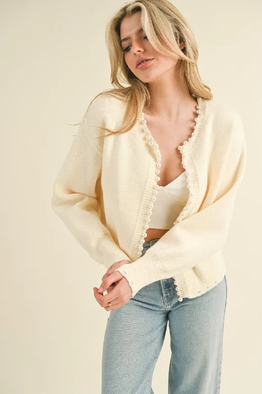 Alpaca cotton cardigan beige -Darlin' Pearl Detail Cardigan