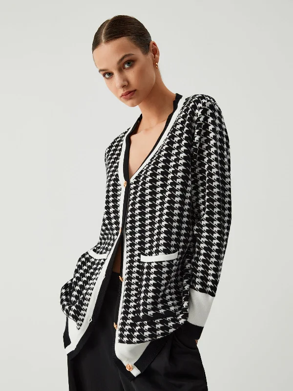 Sheer cotton cardigan black -Leisure Charming Houndstooth Cardigan