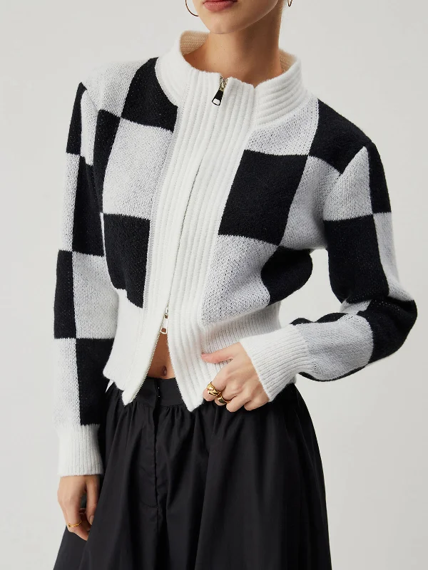 Pinstripe knit cardigan white -Knit Colorblock Graceful Checkered Zippered Cardigan