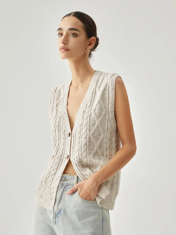 Plaid wool cardigan beige -Sleeveless Crocheted Graceful Cable Argyle Cardigan