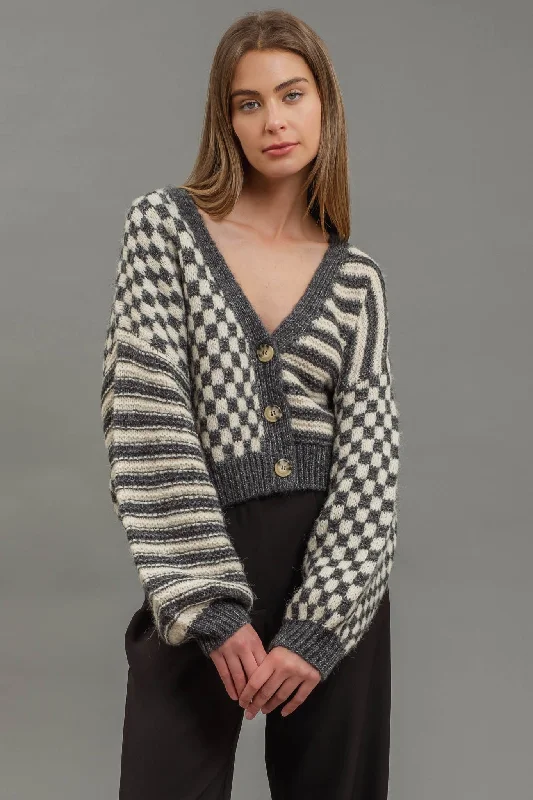 Plaid wool cardigan black -Fireside Friendships Cardi - Charcoal