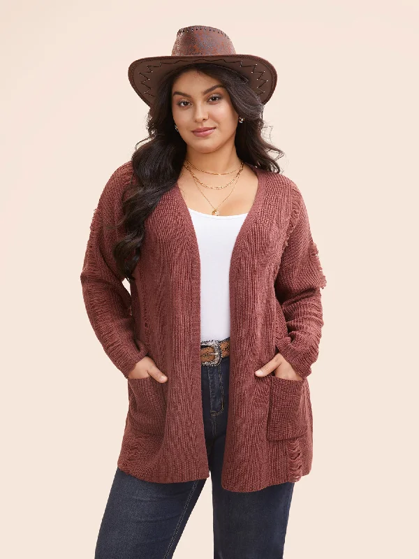 Cropped cotton cardigan purple -Floating Lines Pockets Open Cardigan