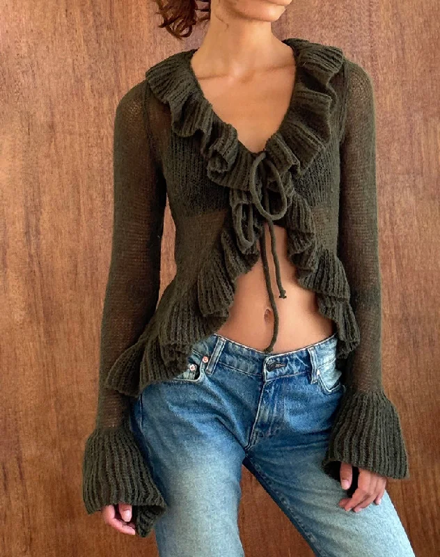 Striped knit cardigan navy -Kendra Ruffle Cardi in Khaki