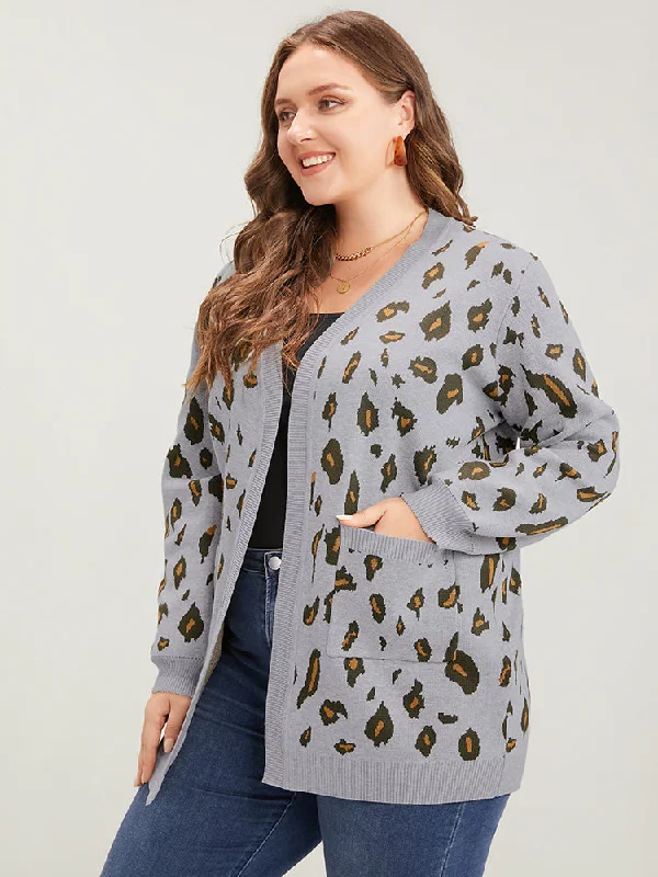 Velvet longline cardigan mustard -Leopard Super Soft Knit Pocket Jacquard Open Front Cardigan