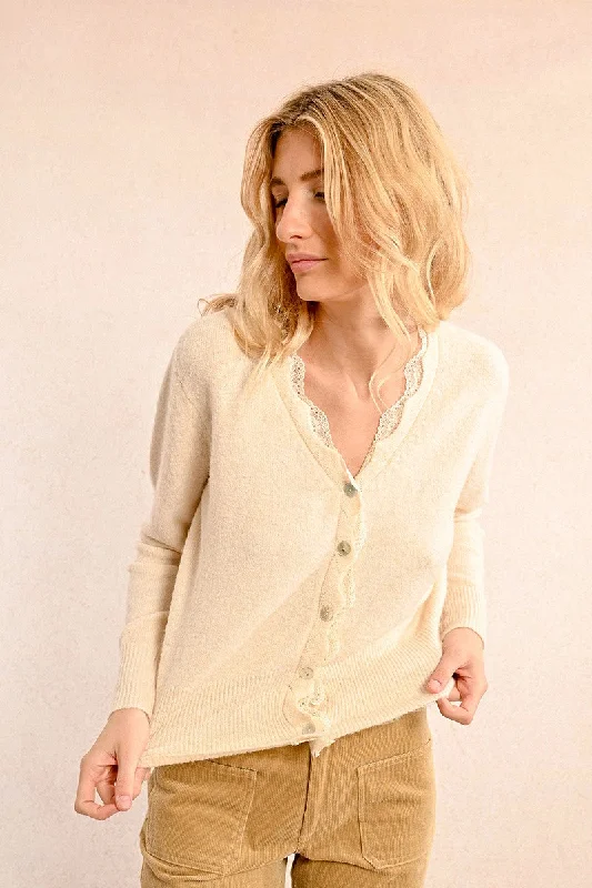 Hooded knit cardigan beige -Molly Bracken Off White Scalloped Lace Trim Cardigan