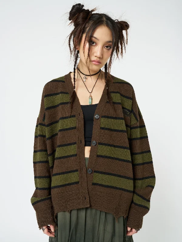 Sheer knit cardigan grey -Neesa Brown & Green Stripe Knit Cardigan