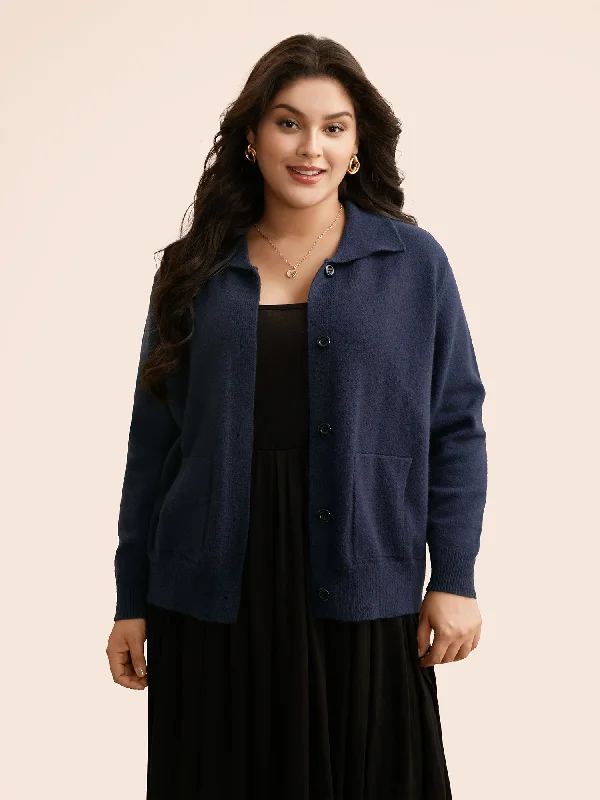 Fringe cotton cardigan navy -Plain Patched Pocket Button Up Cardigan