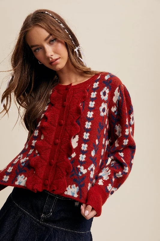 Cropped cotton cardigan red -Quick to Call Floral Cardigan