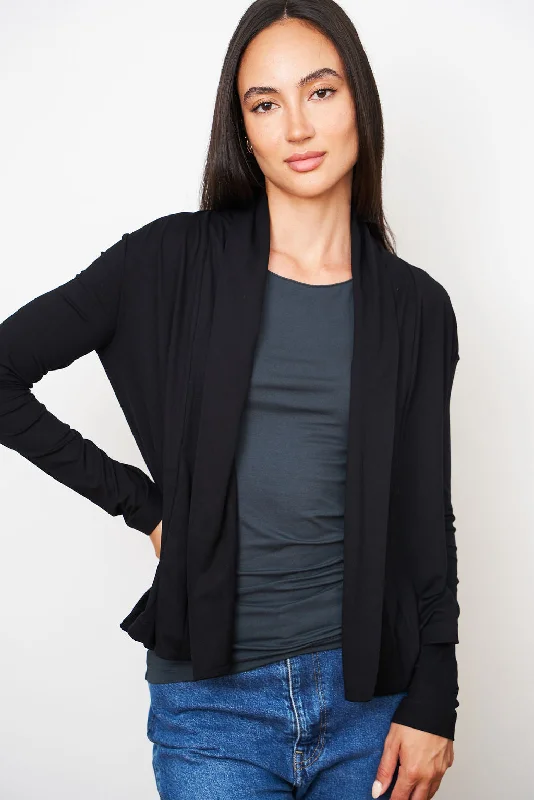 Fringe cotton cardigan navy -Soft Touch Open Cardigan in Noir