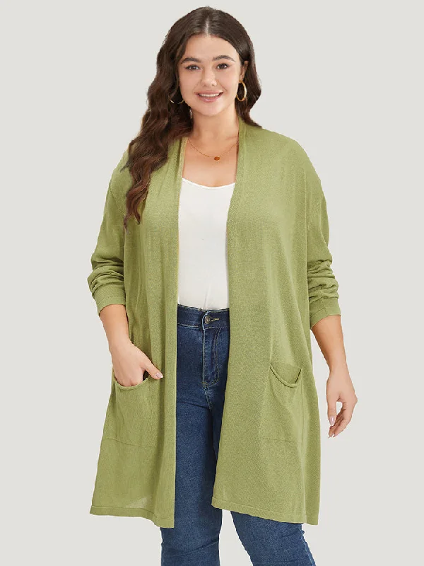 Lace open cardigan tan -Solid Patched Pocket Open Front Tunic Cardigan