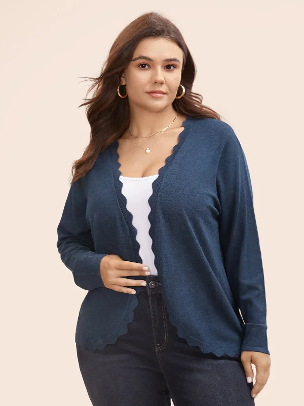 Cropped knit cardigan navy -Supersoft Essentials Solid Scalloped Trim Cardigan