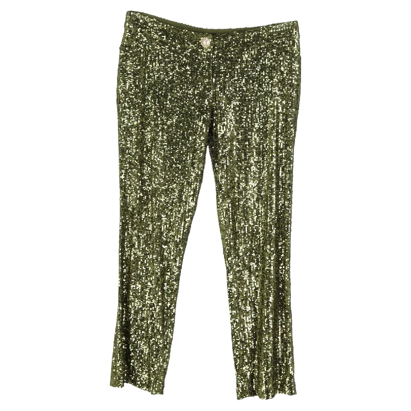 duo set pants -Balmain Cropped Stretch-Tulle Flared Pants in Green Sequins