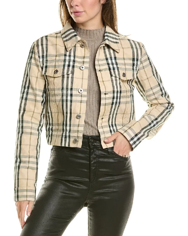 faded blue pants -Burberry Cropped Check Denim Jacket