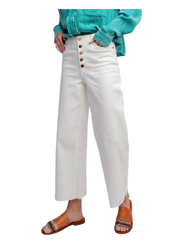 wild free pants -Button Fly Wide Leg Twill Raw Hem Trousers In Ecru