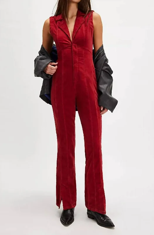 wet guard pants -Crvy Ring The Alarm Corduroy One-Piece In Haute Red