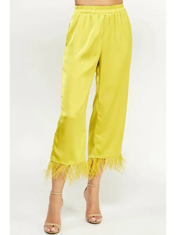 puff bold pants -Foncy Feather Trim Pants In Chartreuse