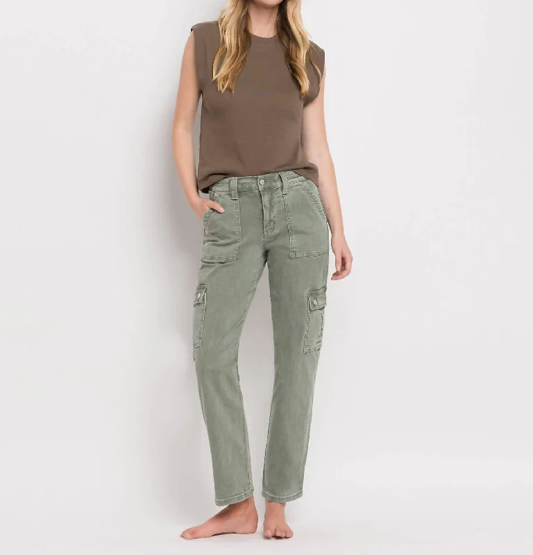 pure cotton pants -High Rise Cargo Straight Jeans In Army Green